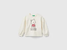 Hoodie with glittery print - Creamy White | Benetton