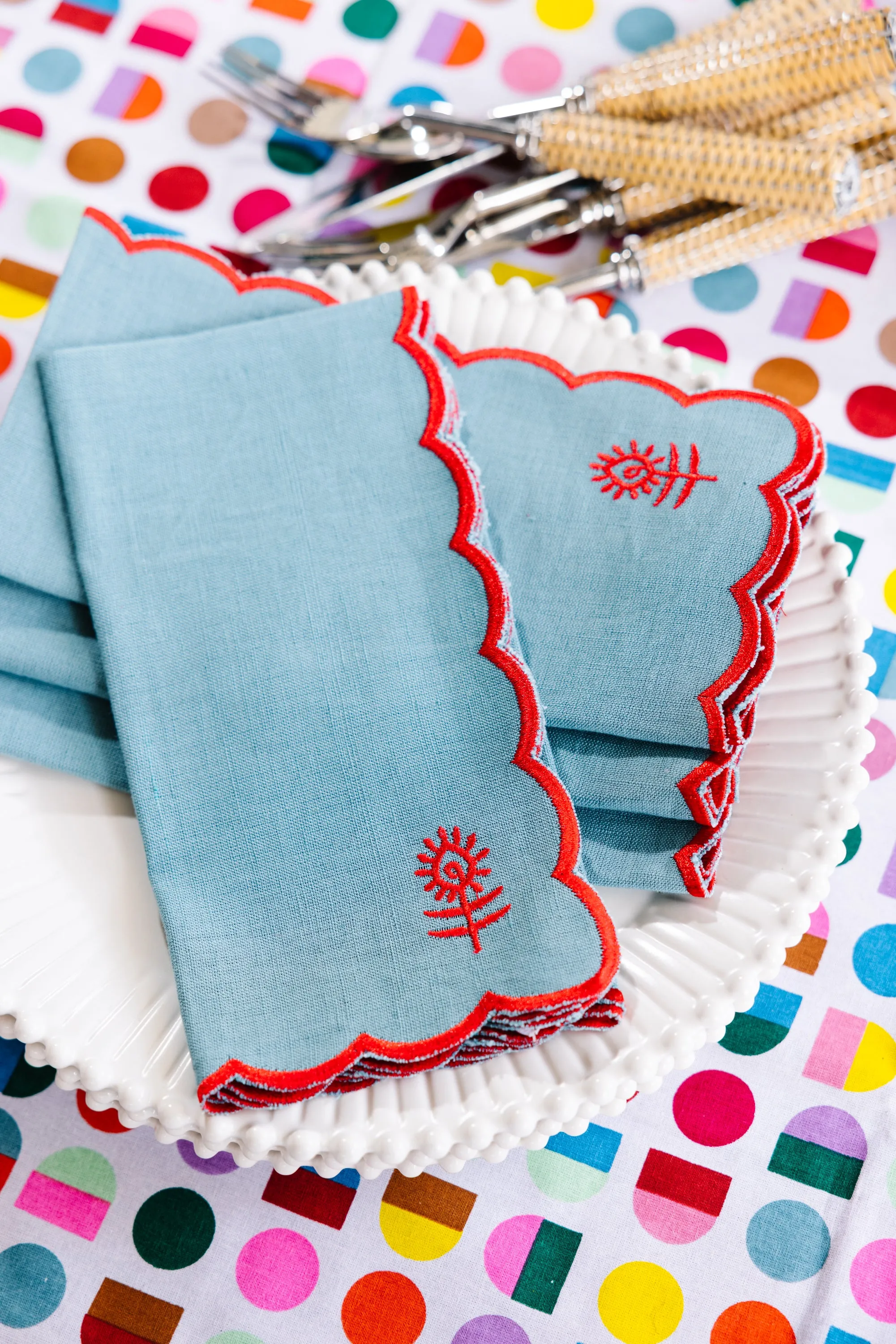 Icon Linen Napkins S/4 - Aqua + Cherry