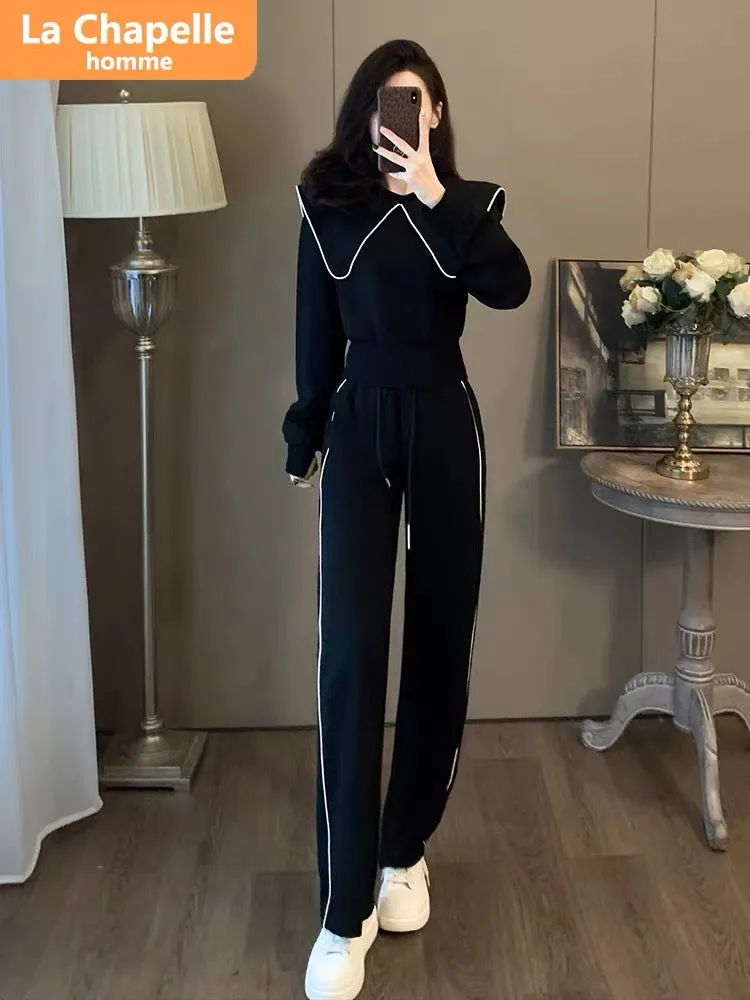 La Chapelle doll collar casual sports suit for women autumn 2023 new high-end European wide-leg pants two-piece set