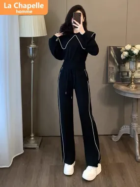 La Chapelle doll collar casual sports suit for women autumn 2023 new high-end European wide-leg pants two-piece set