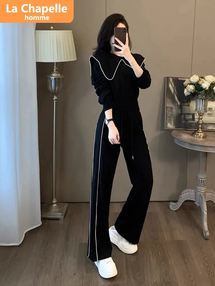 La Chapelle doll collar casual sports suit for women autumn 2023 new high-end European wide-leg pants two-piece set