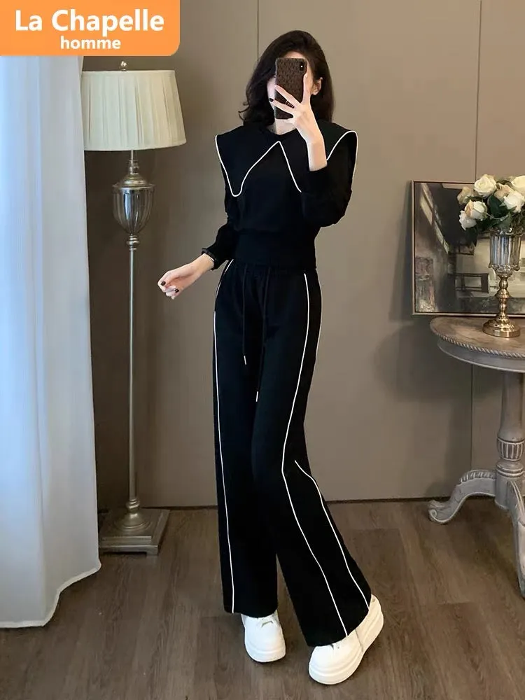 La Chapelle doll collar casual sports suit for women autumn 2023 new high-end European wide-leg pants two-piece set