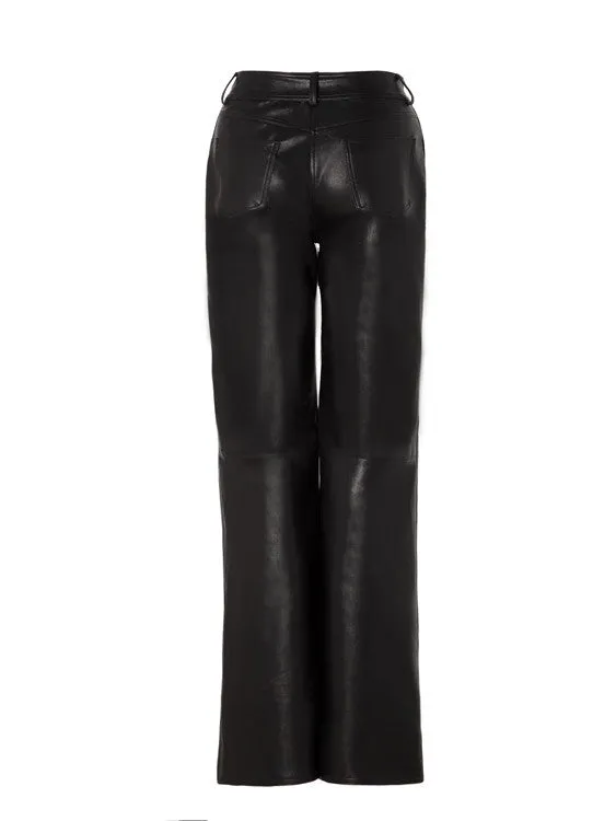 Leather Straight Wide-Leg Handsome Plain Pants