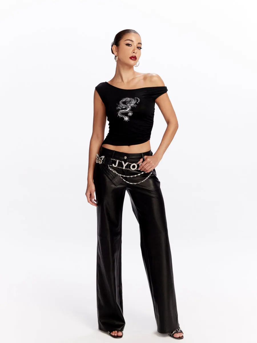 Leather Straight Wide-Leg Handsome Plain Pants