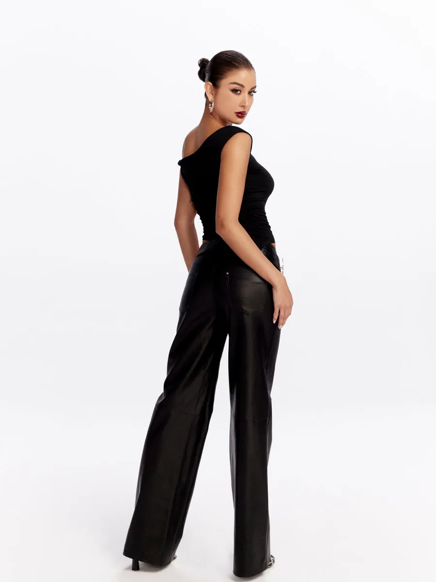 Leather Straight Wide-Leg Handsome Plain Pants