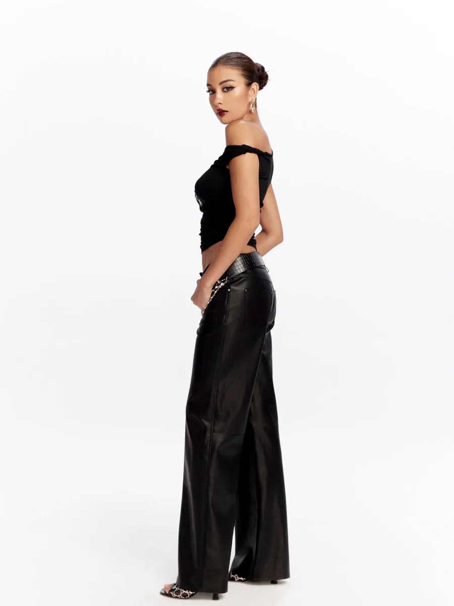 Leather Straight Wide-Leg Handsome Plain Pants