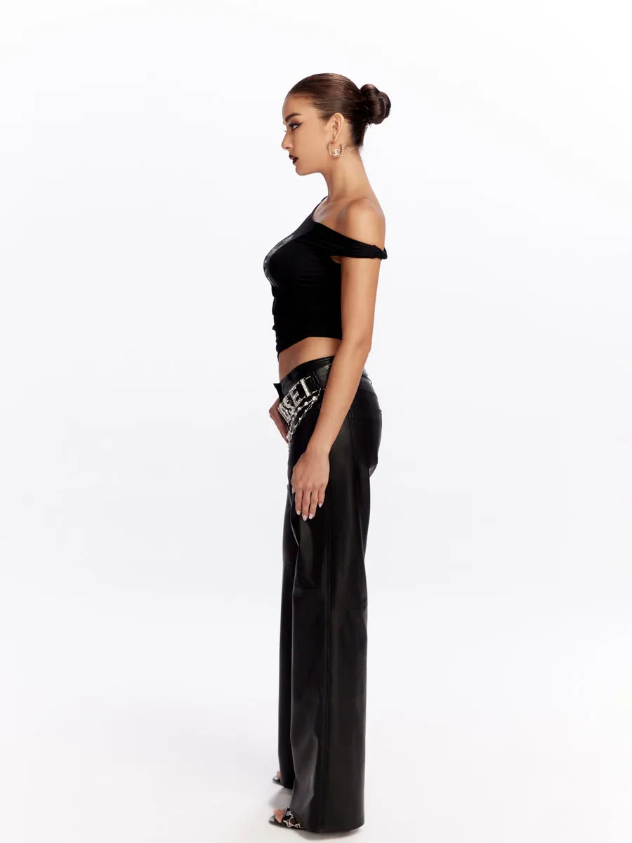 Leather Straight Wide-Leg Handsome Plain Pants