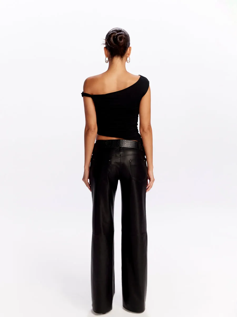 Leather Straight Wide-Leg Handsome Plain Pants