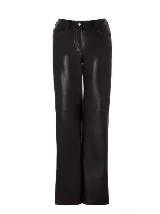 Leather Straight Wide-Leg Handsome Plain Pants