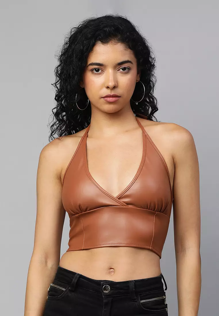 London Rag Sleeveless Knot Tan Crop Top