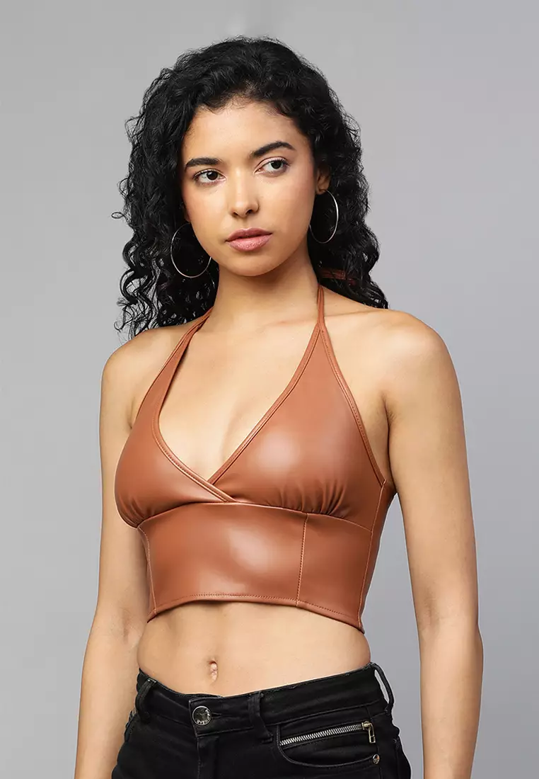 London Rag Sleeveless Knot Tan Crop Top