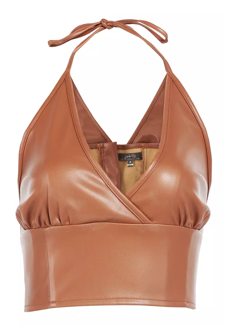 London Rag Sleeveless Knot Tan Crop Top