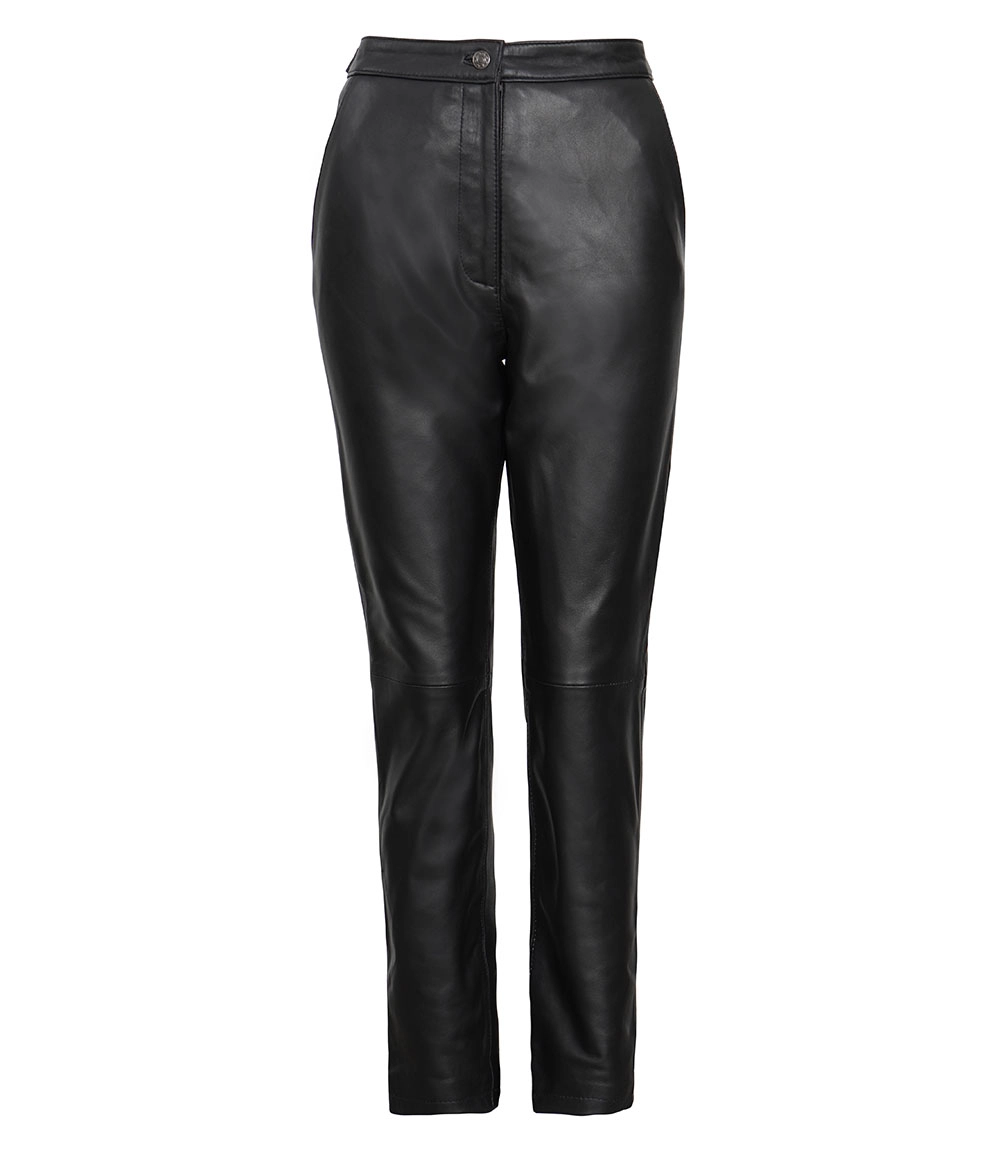 Myrna Women's Black Fitted Leather Pants - Straight Leg Style