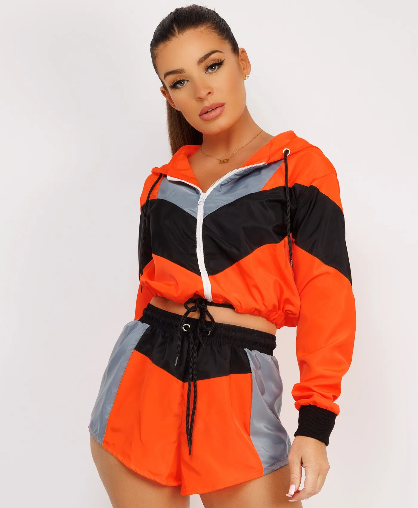 Neon Orange Colour Block Jacket & Shorts Festival Co Ord