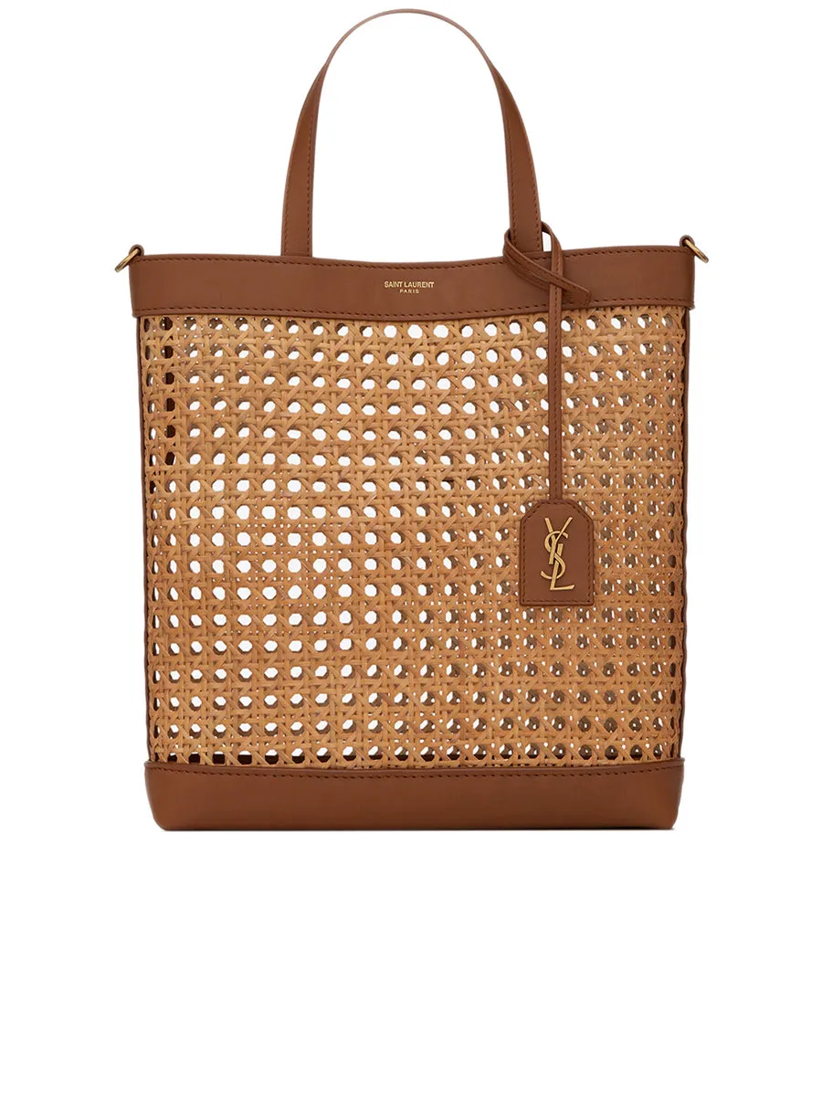 N/S Toy Shopping Bag in Woven Cane and Leather