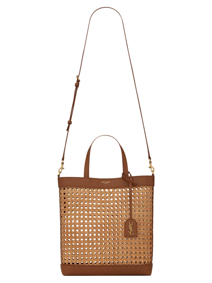 N/S Toy Shopping Bag in Woven Cane and Leather