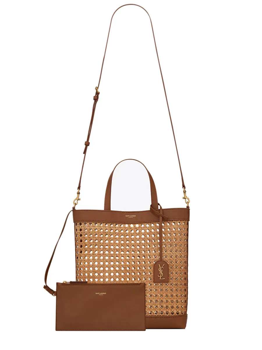 N/S Toy Shopping Bag in Woven Cane and Leather