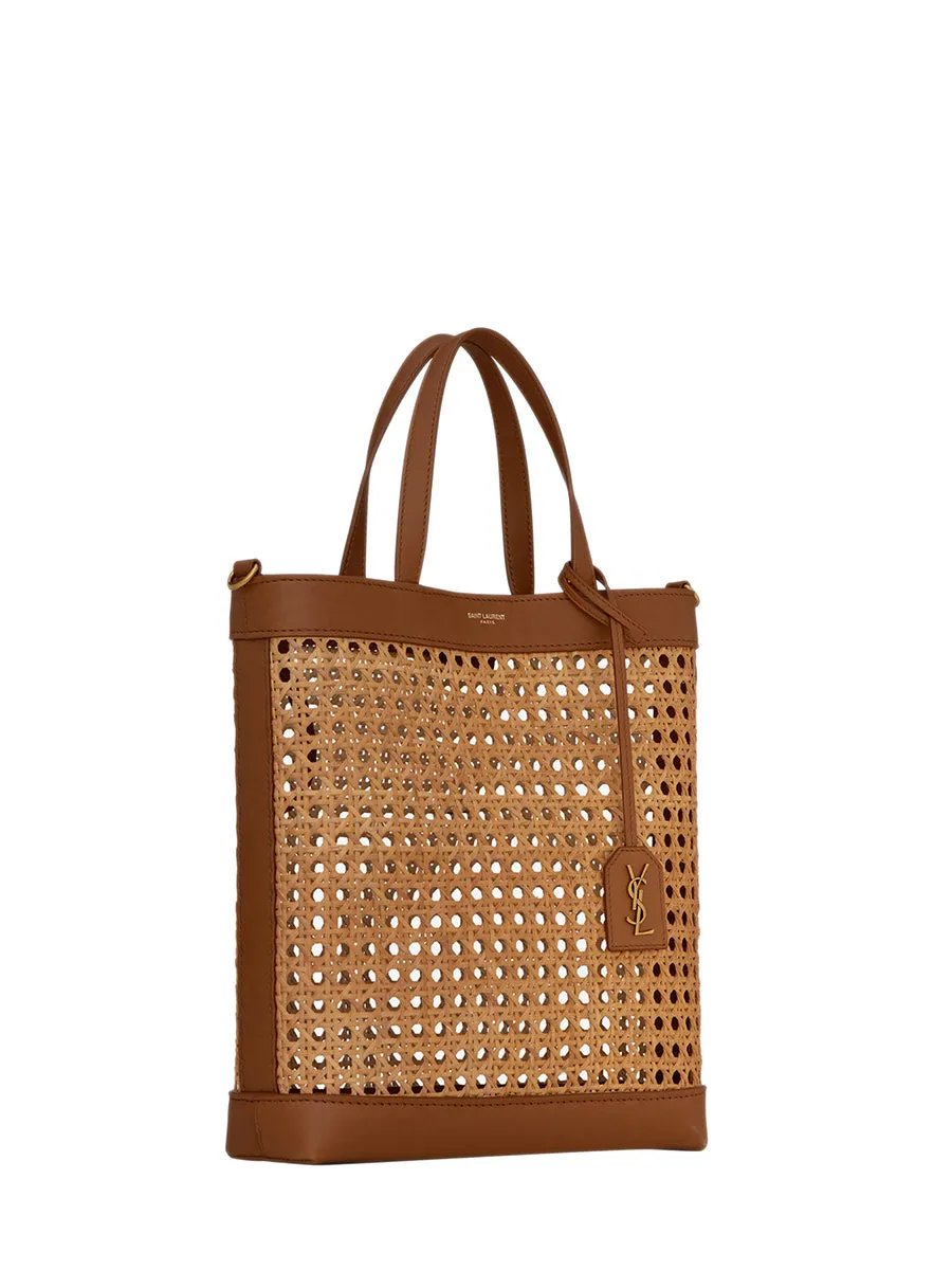 N/S Toy Shopping Bag in Woven Cane and Leather