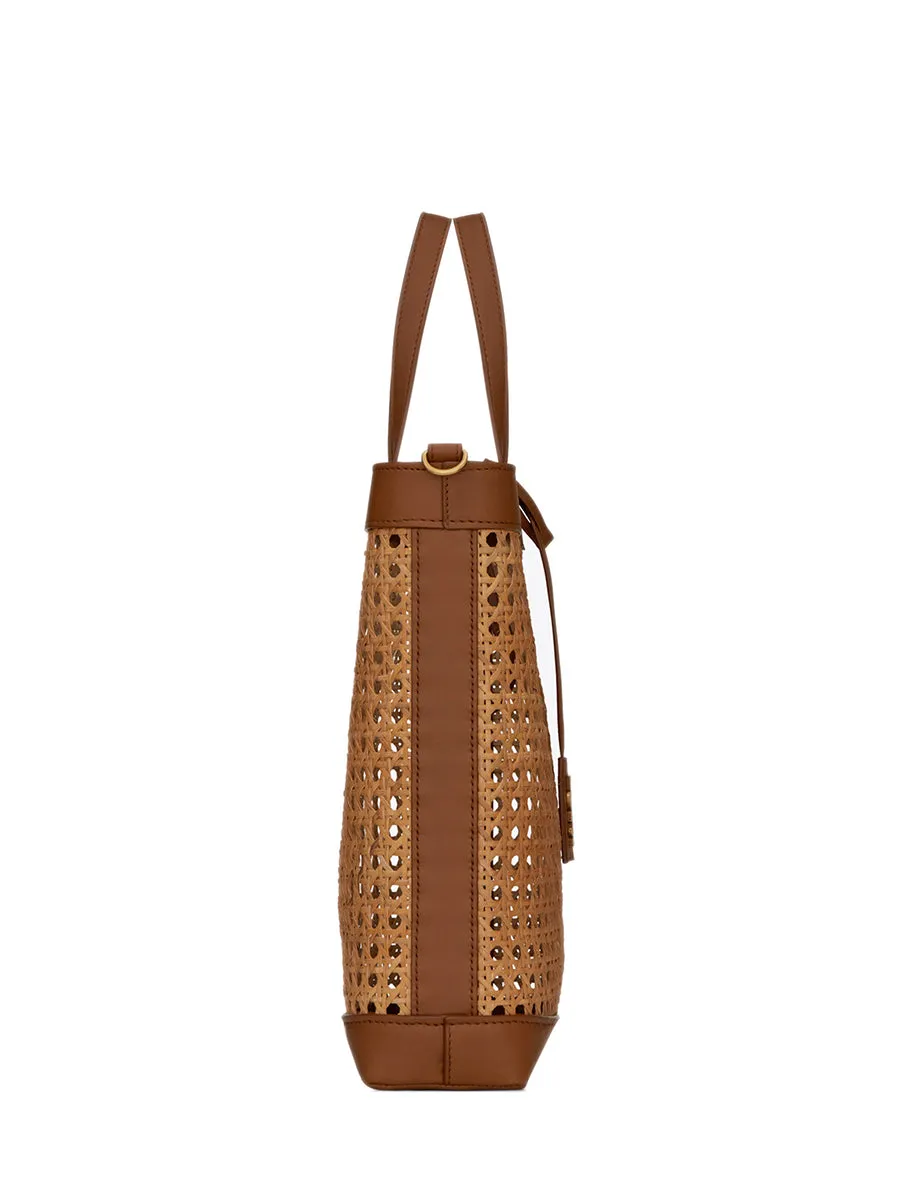 N/S Toy Shopping Bag in Woven Cane and Leather