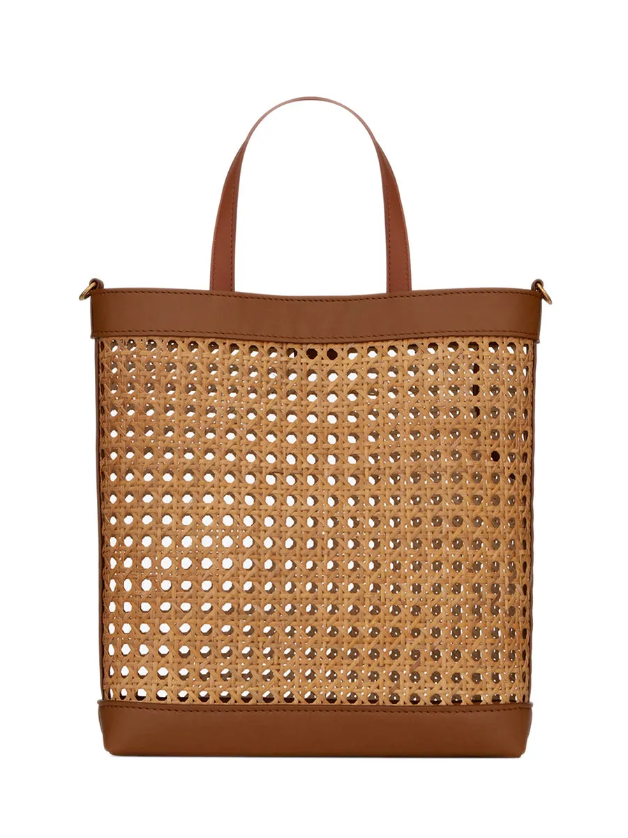 N/S Toy Shopping Bag in Woven Cane and Leather