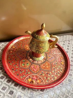 Pashtush Wooden Papier Mache 100% Handmade Decorative Plate with Kettle, Kashmiri Art