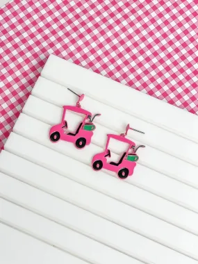 Pink Golf Cart Enamel Stud Earrings