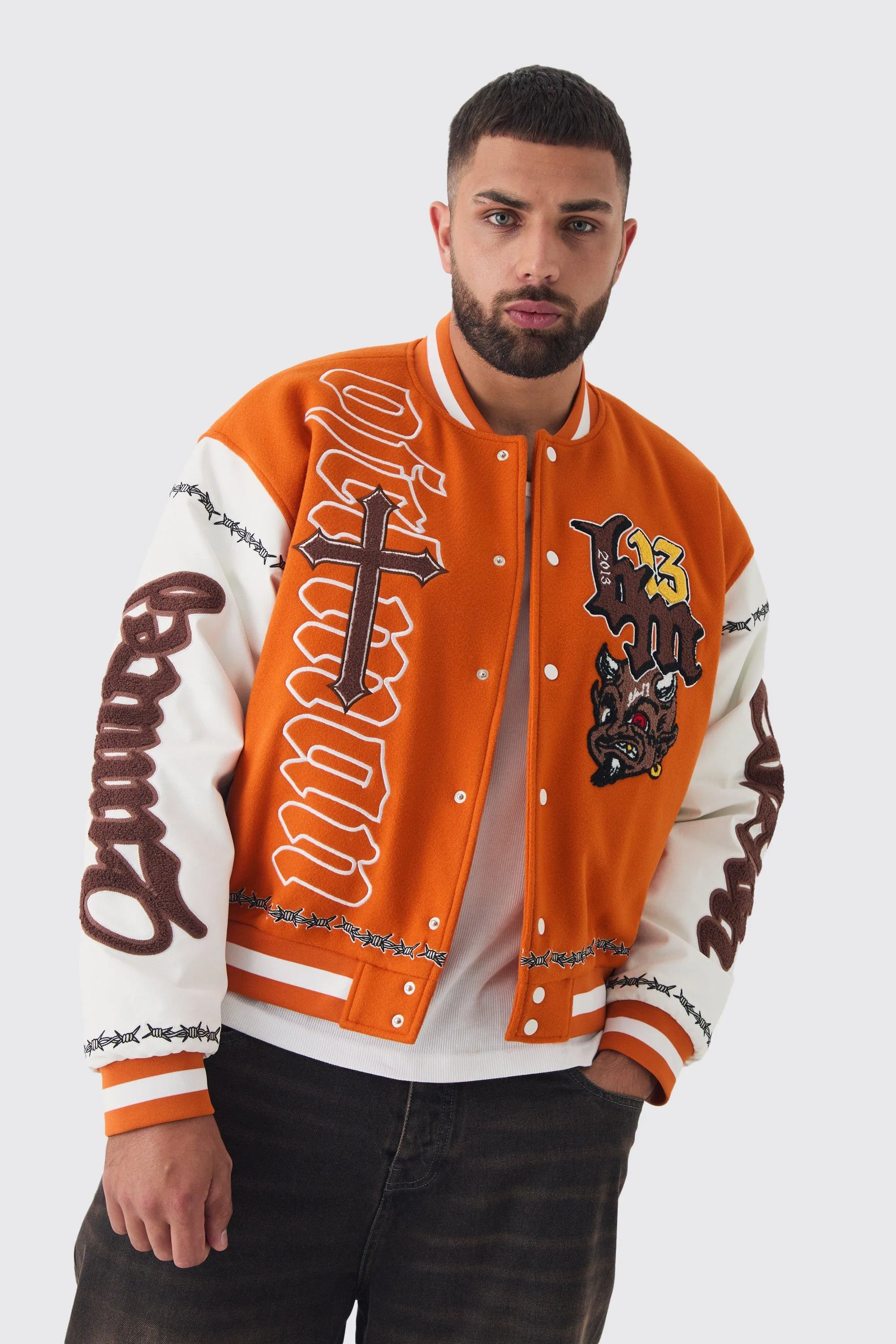 Plus Boxy Limited Badge PU Sleeve Varsity Jacket In Orange | boohooMAN UK