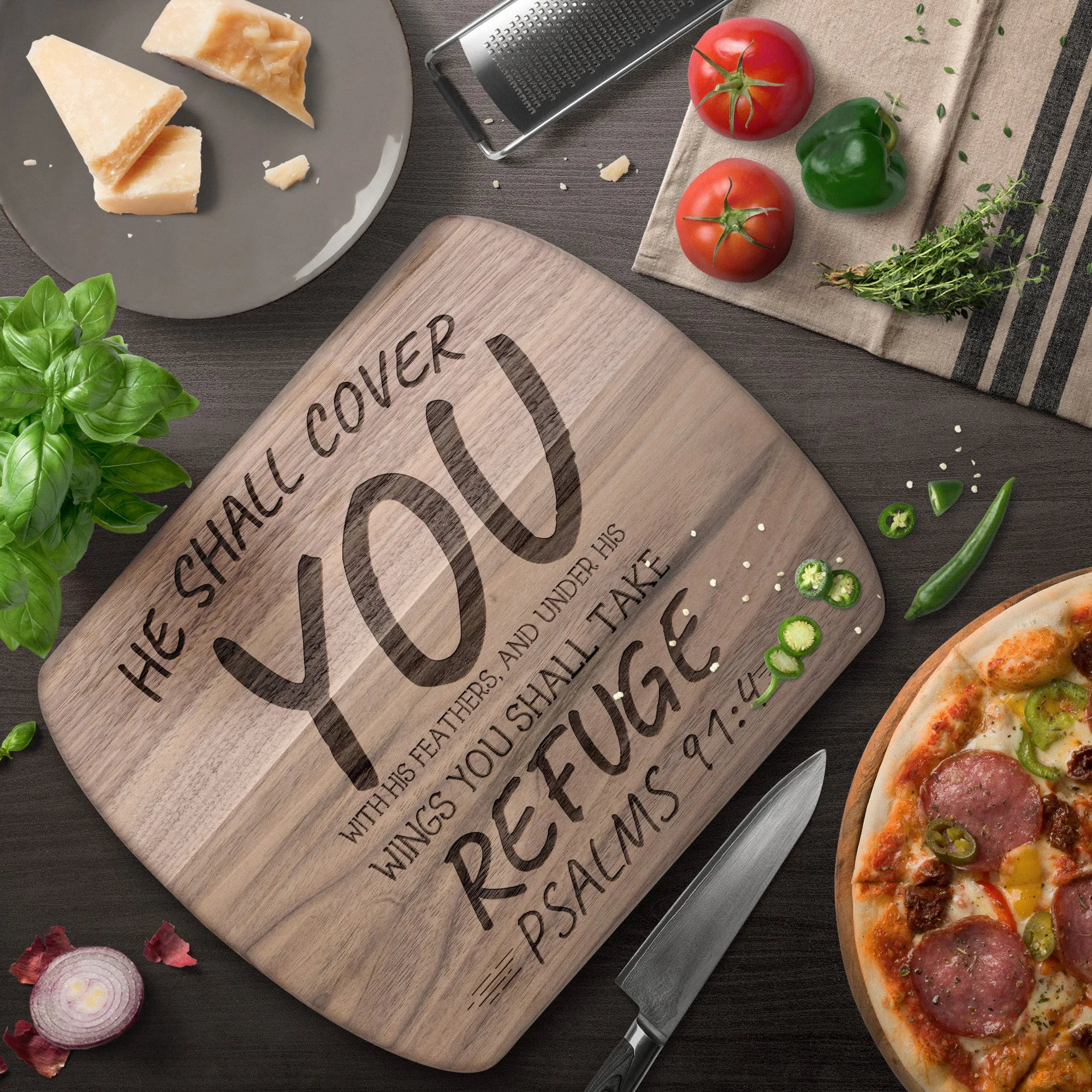 Products Bible Verse Hardwood Oval Cutting Board - Under His Wings You Shall Take Refuge ~Psalm 91:4~ Design 10