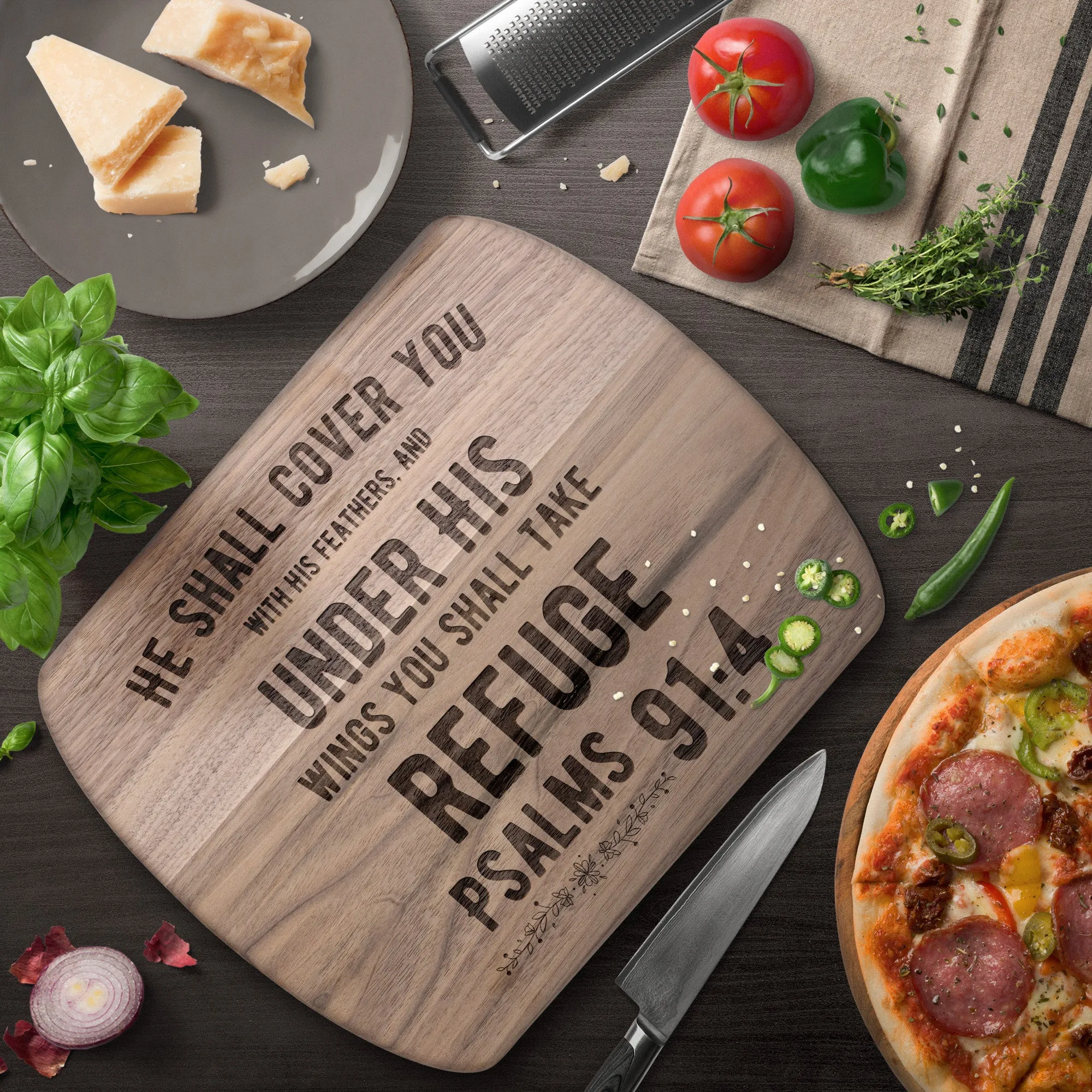 Products Bible Verse Hardwood Oval Cutting Board - Under His Wings You Shall Take Refuge ~Psalm 91:4~ Design 2