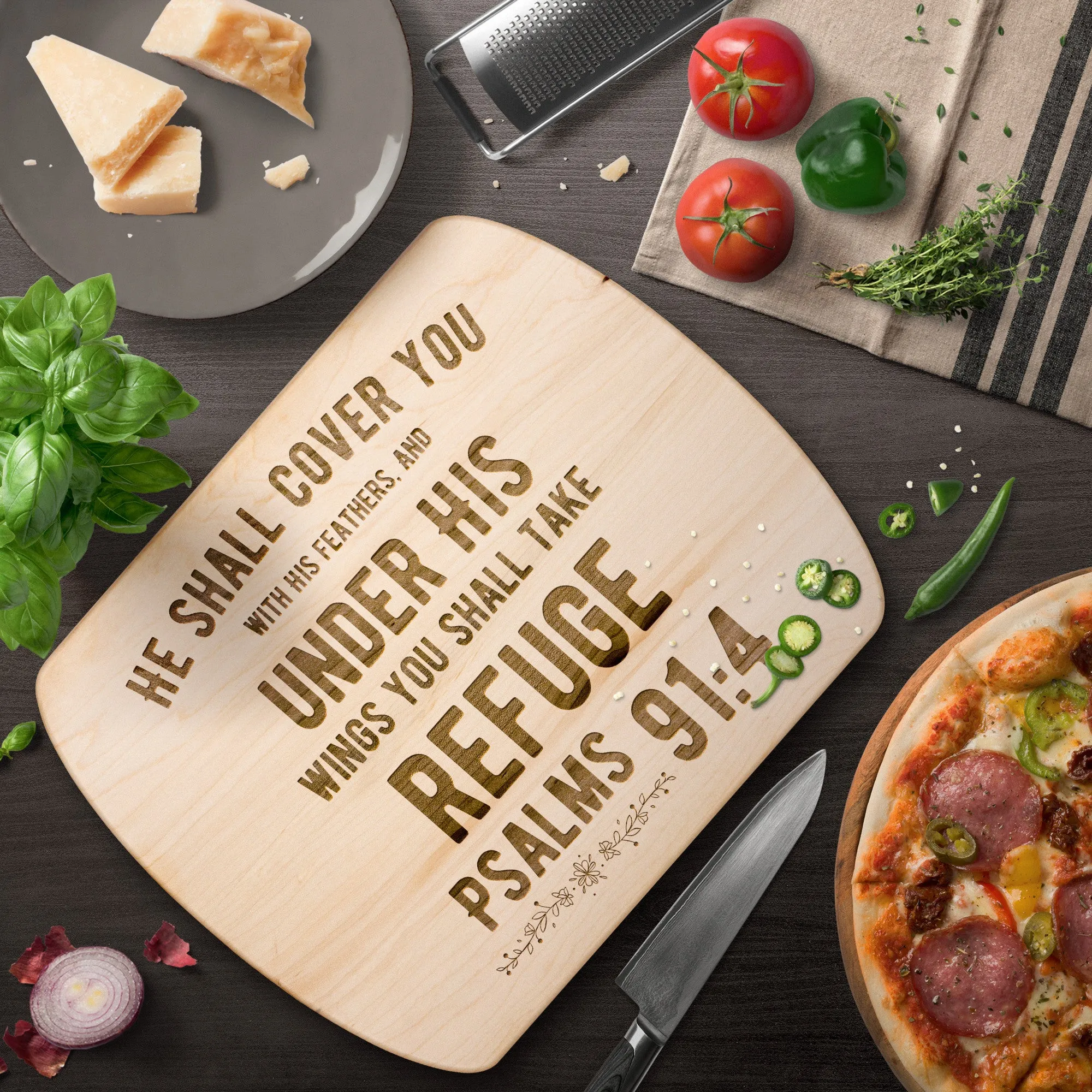 Products Bible Verse Hardwood Oval Cutting Board - Under His Wings You Shall Take Refuge ~Psalm 91:4~ Design 2