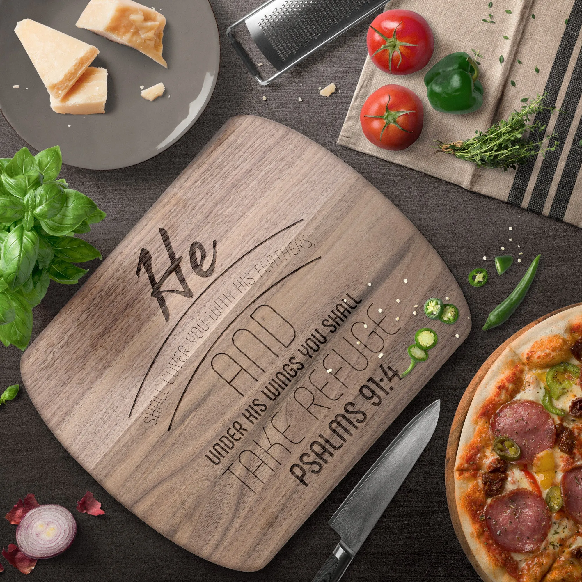 Products Bible Verse Hardwood Oval Cutting Board - Under His Wings You Shall Take Refuge ~Psalm 91:4~ Design 7