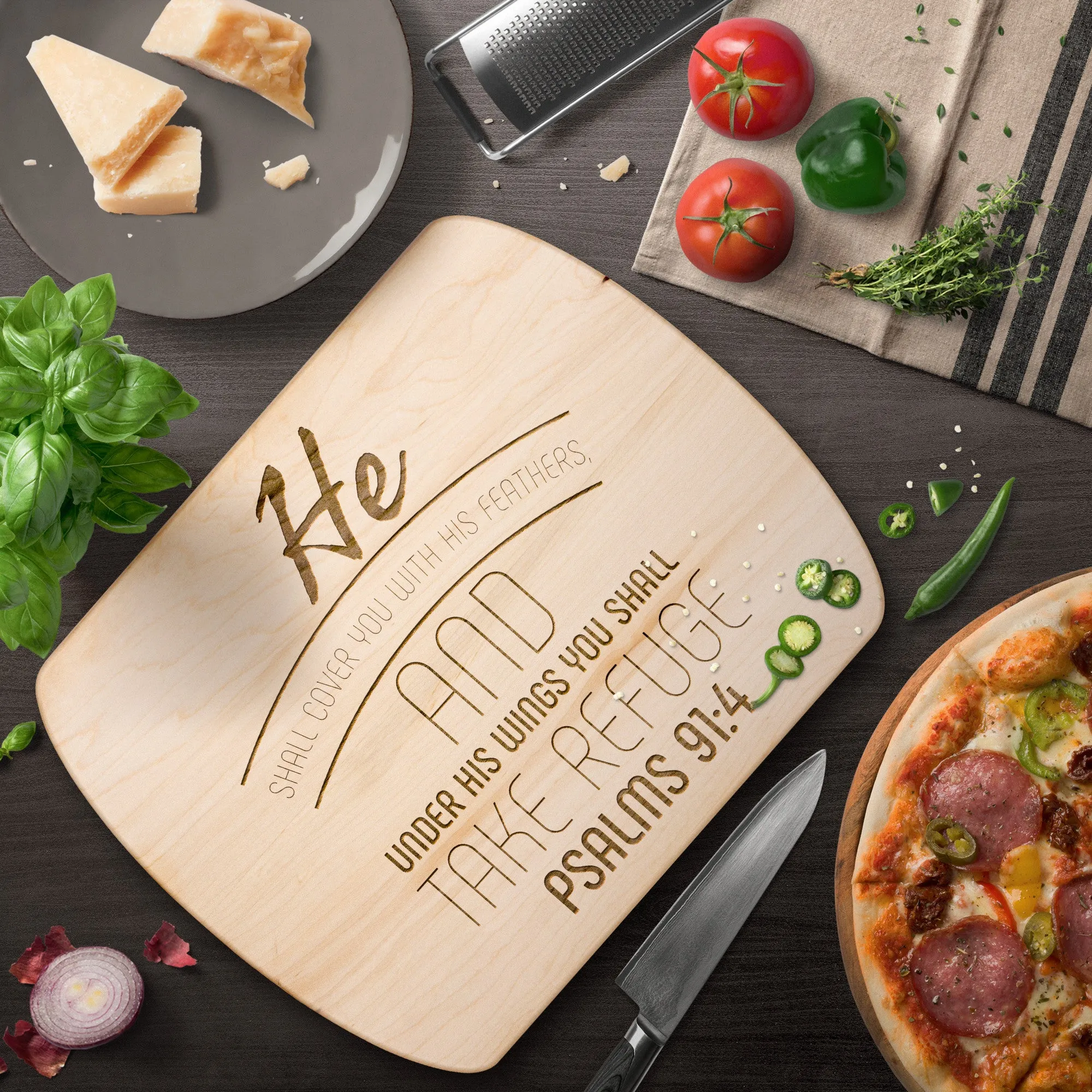 Products Bible Verse Hardwood Oval Cutting Board - Under His Wings You Shall Take Refuge ~Psalm 91:4~ Design 7