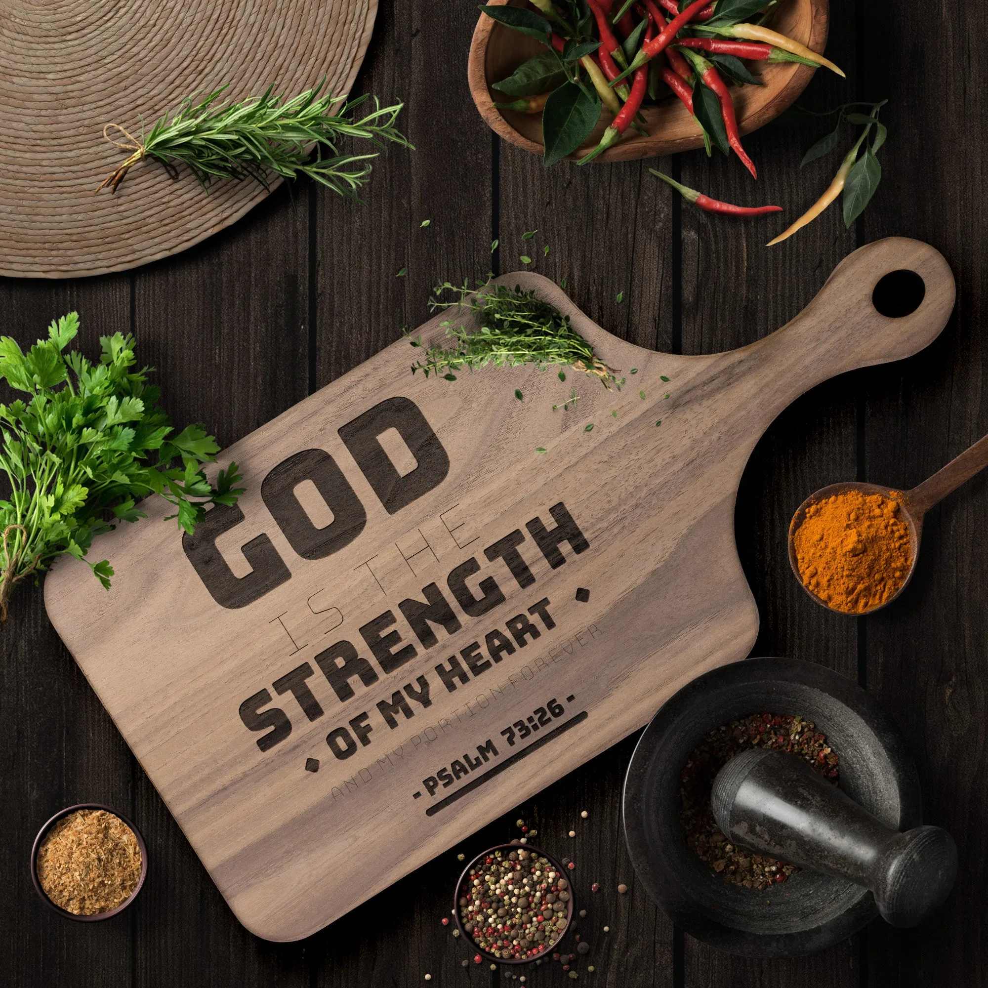 Products Bible Verse Hardwood Paddle Cutting Board - God Is The Strength Of My Heart ~Psalm 73:26~ Design 11