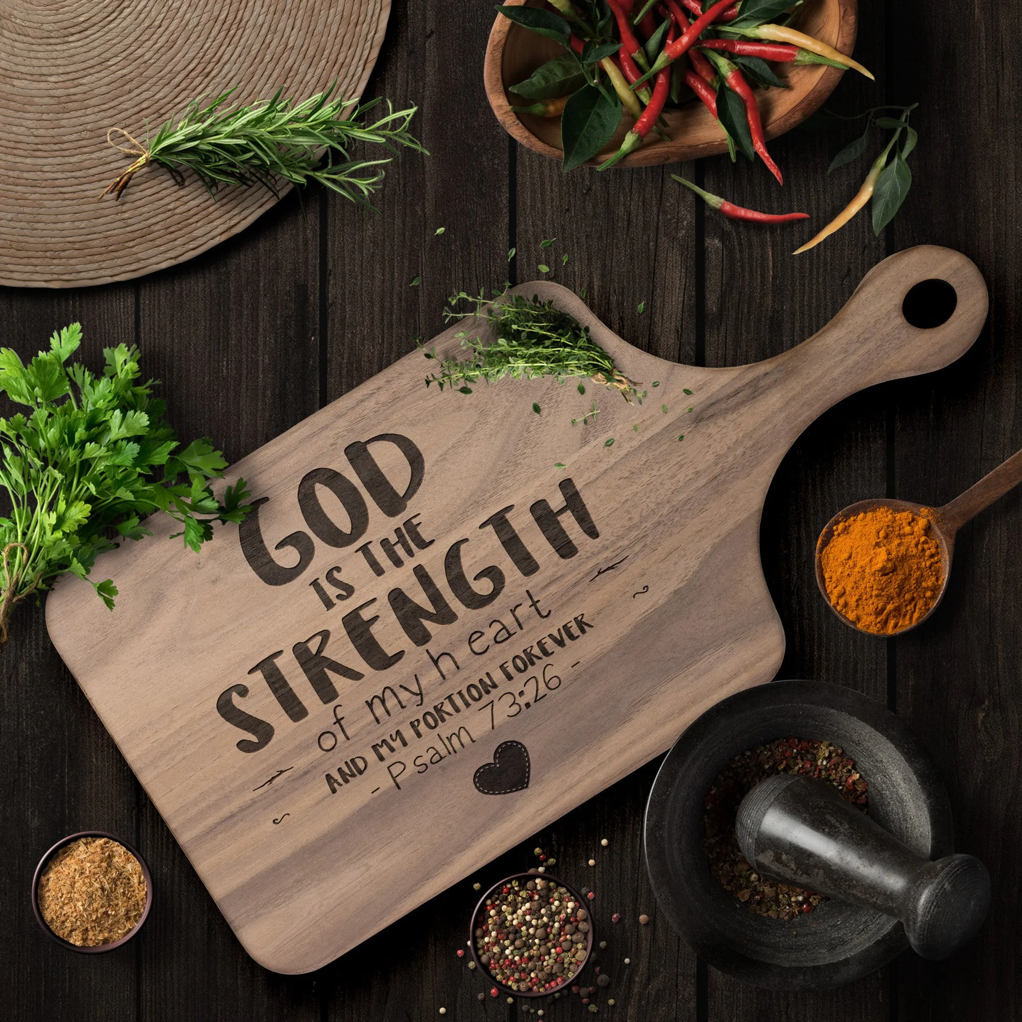 Products Bible Verse Hardwood Paddle Cutting Board - God Is The Strength Of My Heart ~Psalm 73:26~ Design 12