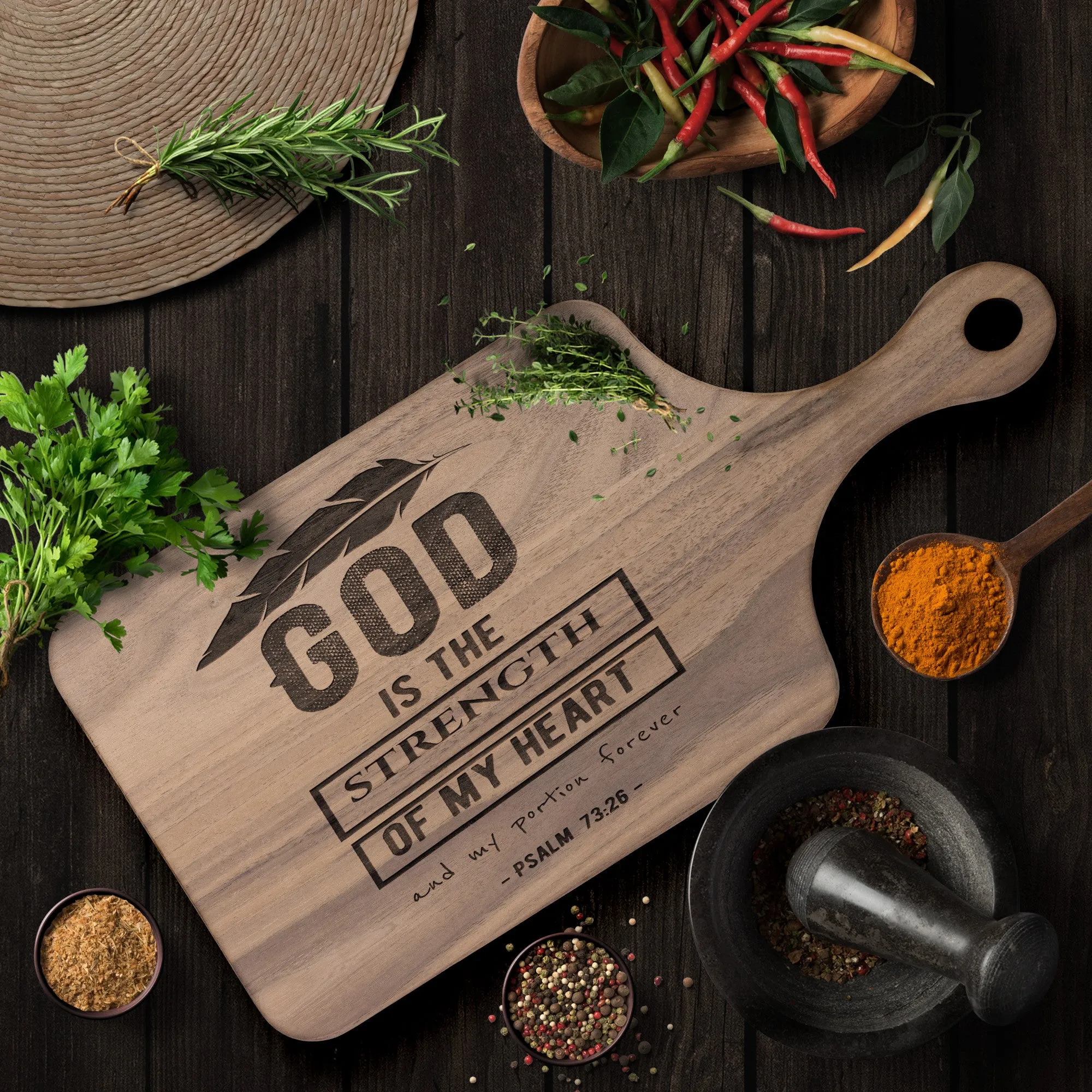 Products Bible Verse Hardwood Paddle Cutting Board - God Is The Strength Of My Heart ~Psalm 73:26~ Design 13