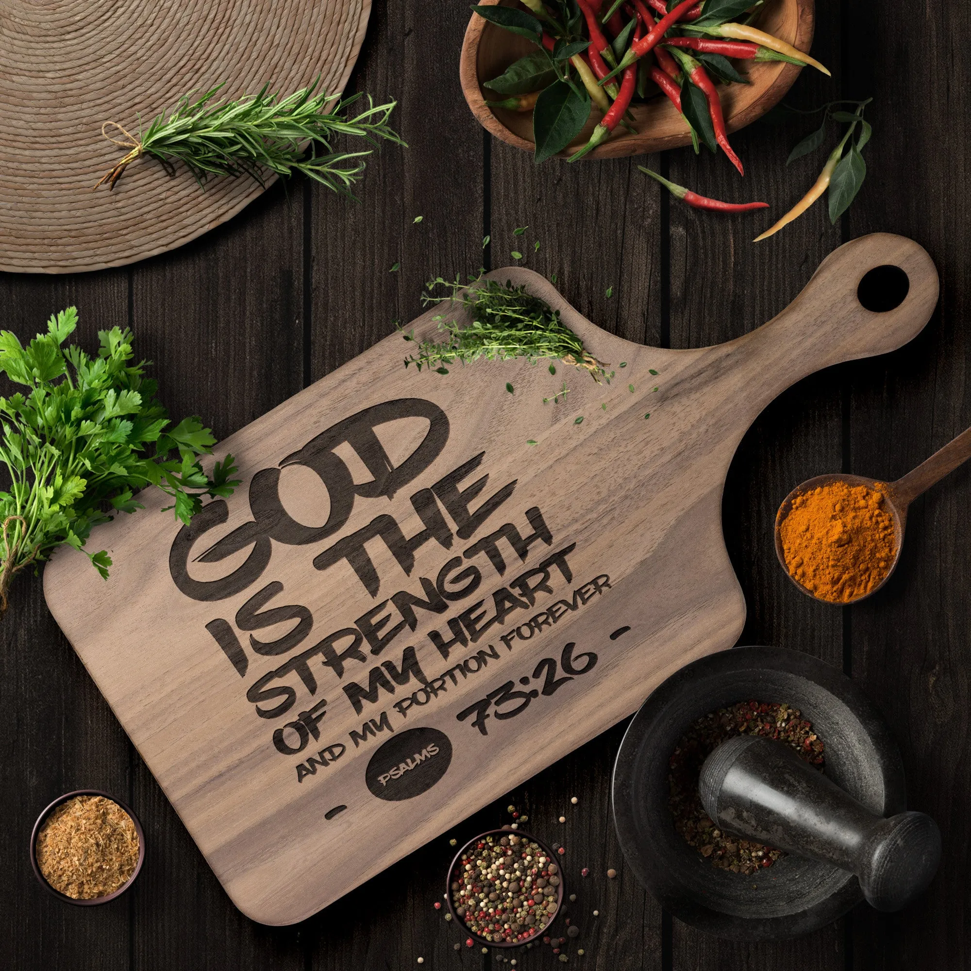 Products Bible Verse Hardwood Paddle Cutting Board - God Is The Strength Of My Heart ~Psalm 73:26~ Design 7