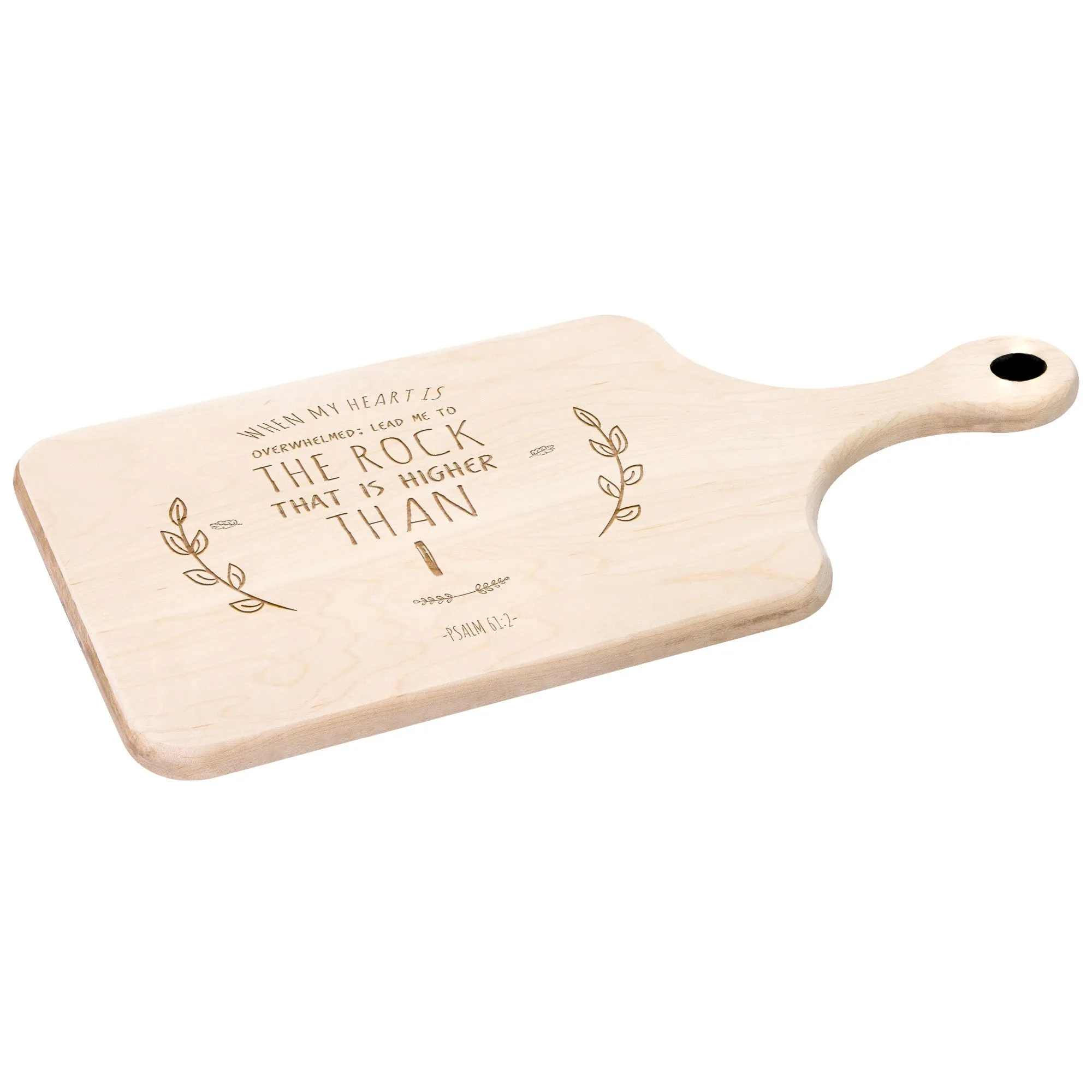 Products Bible Verse Hardwood Paddle Cutting Board - Lead Me To The Rock ~Psalm 61:2~ Design 10