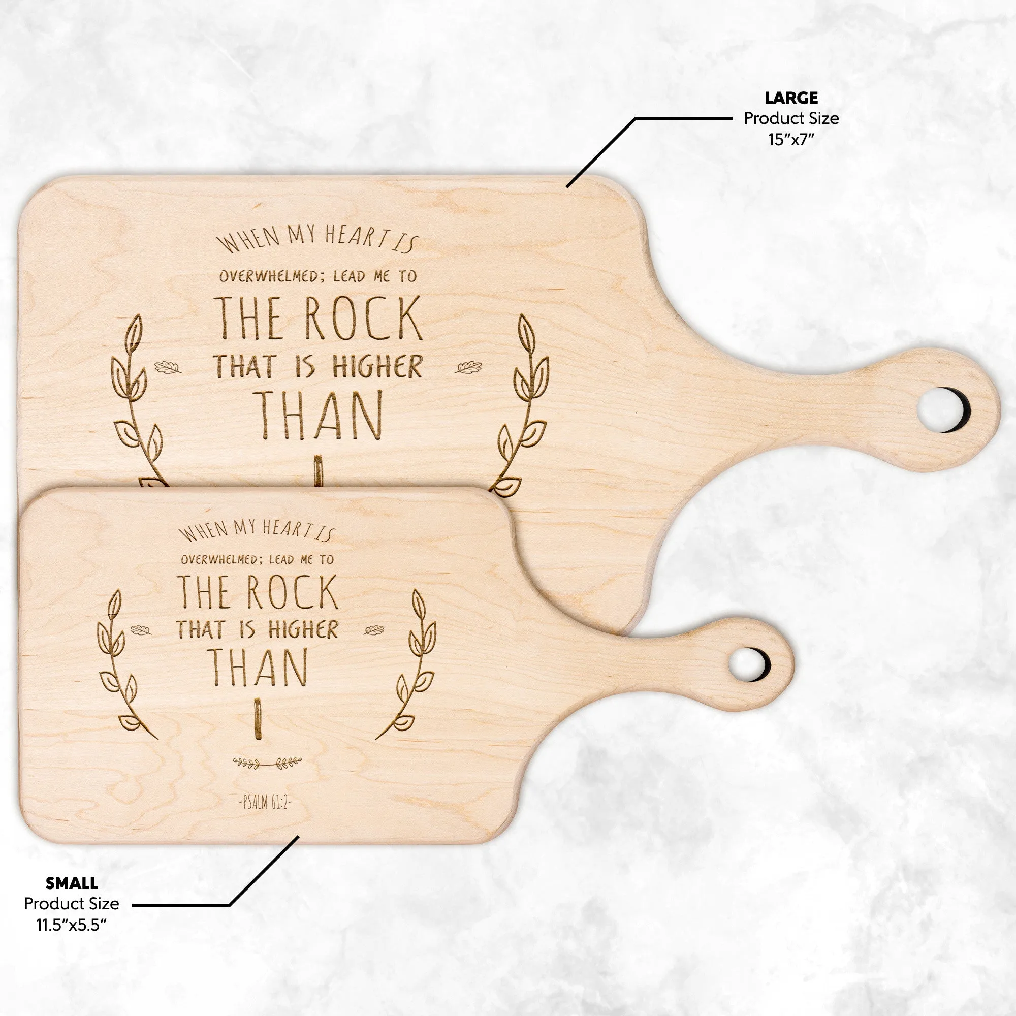 Products Bible Verse Hardwood Paddle Cutting Board - Lead Me To The Rock ~Psalm 61:2~ Design 10