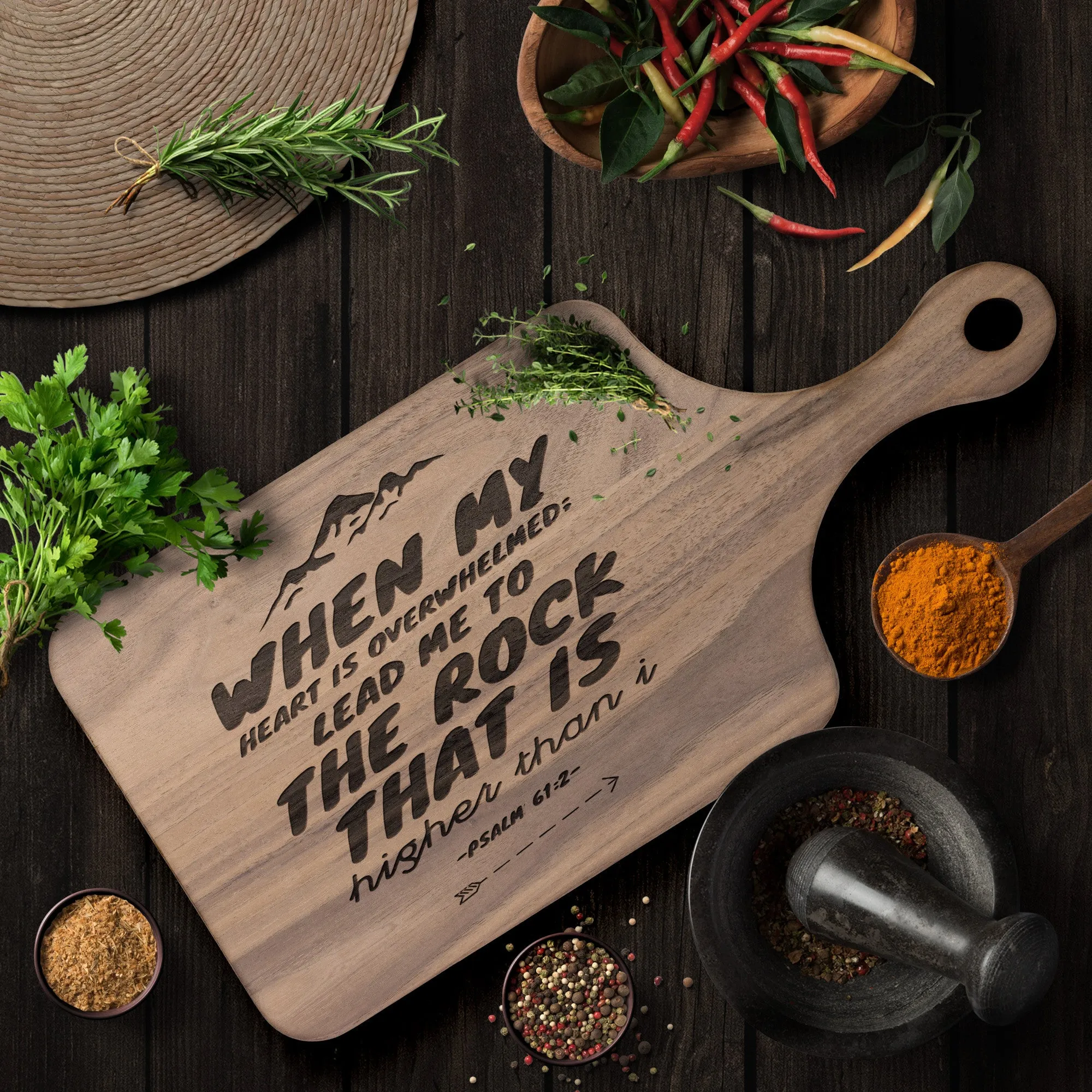 Products Bible Verse Hardwood Paddle Cutting Board - Lead Me To The Rock ~Psalm 61:2~ Design 14