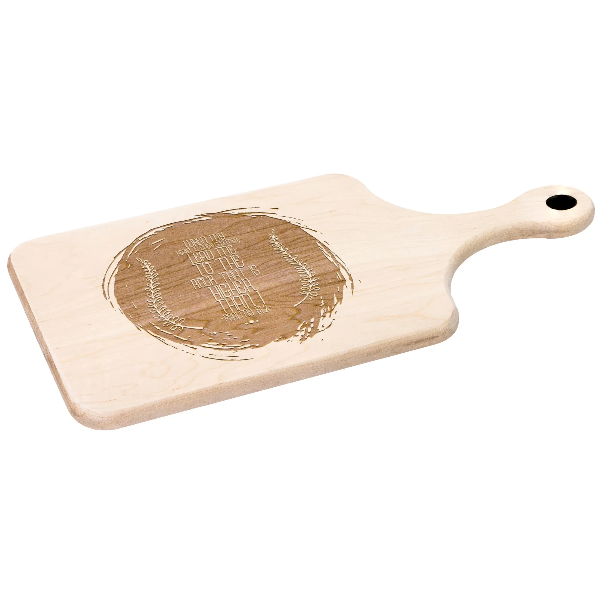 Products Bible Verse Hardwood Paddle Cutting Board - Lead Me To The Rock ~Psalm 61:2~ Design 16