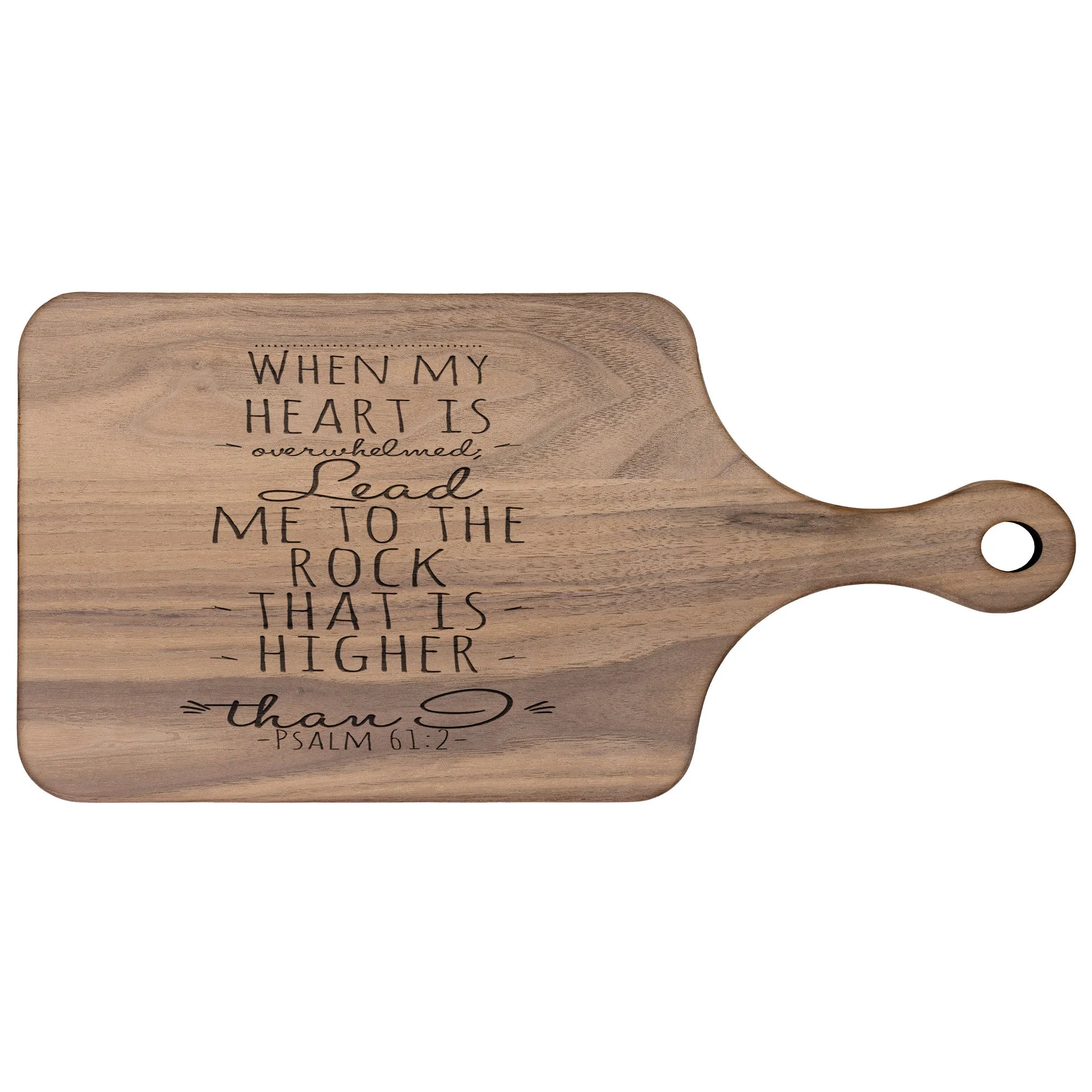 Products Bible Verse Hardwood Paddle Cutting Board - Lead Me To The Rock ~Psalm 61:2~ Design 2