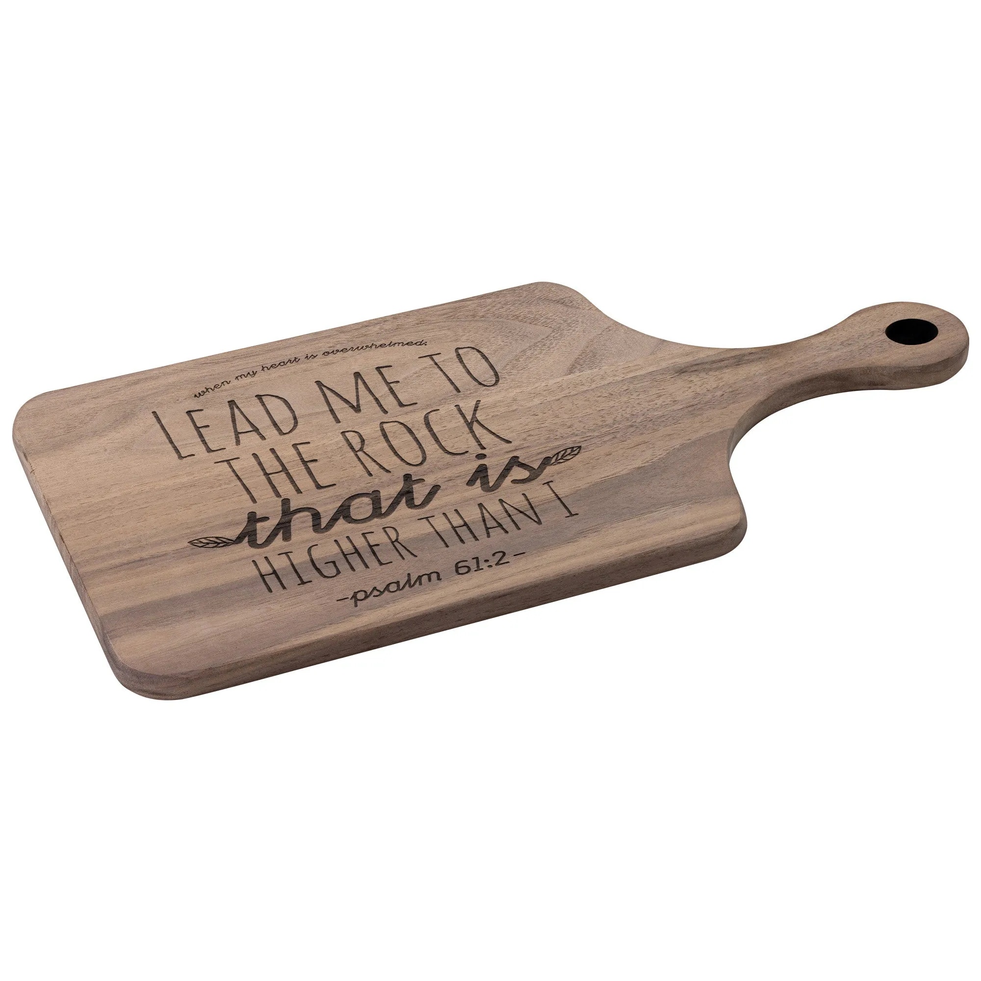 Products Bible Verse Hardwood Paddle Cutting Board - Lead Me To The Rock ~Psalm 61:2~ Design 7