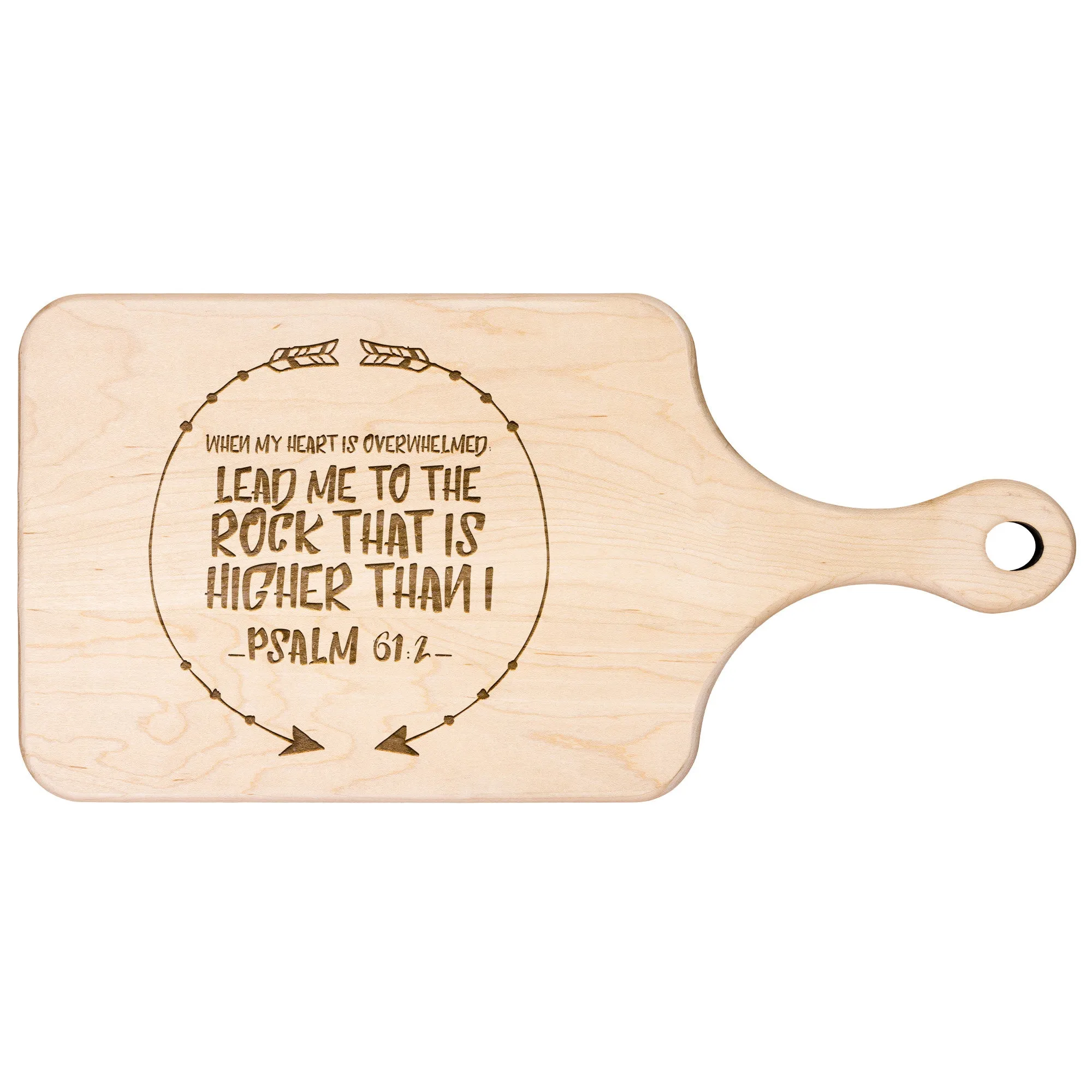 Products Bible Verse Hardwood Paddle Cutting Board - Lead Me To The Rock ~Psalm 61:2~ Design 8