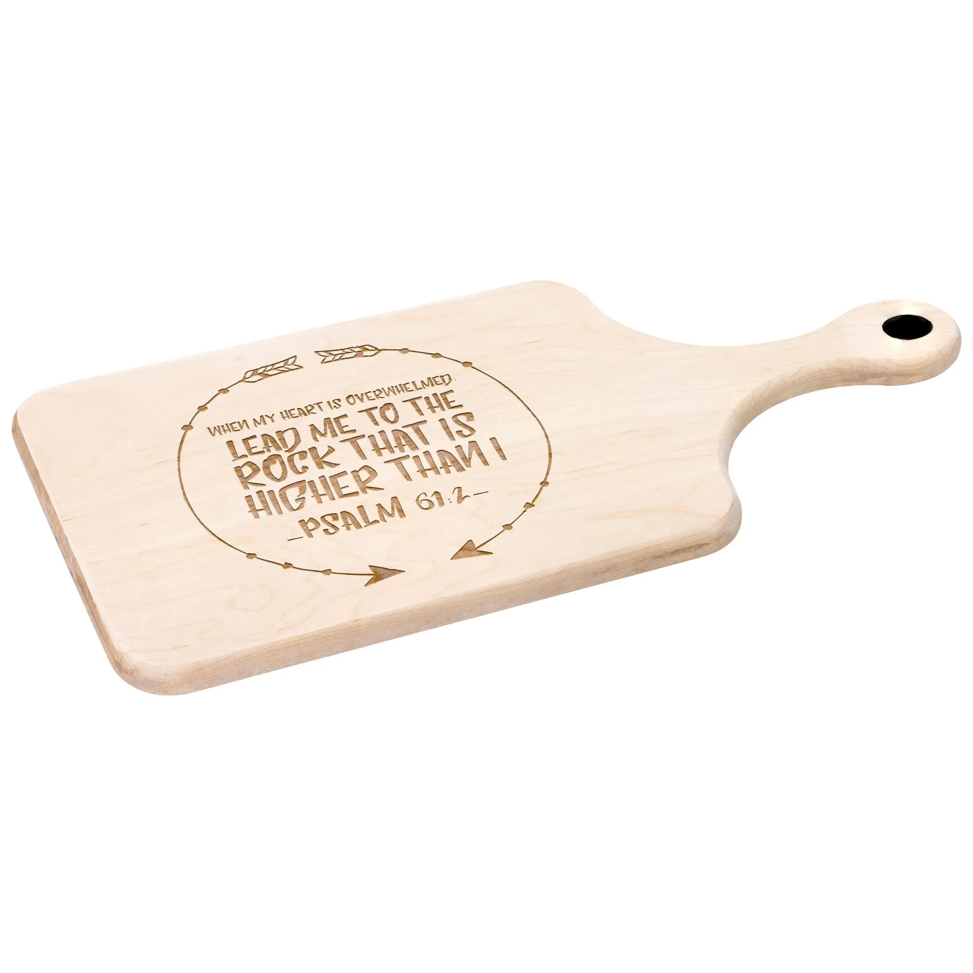 Products Bible Verse Hardwood Paddle Cutting Board - Lead Me To The Rock ~Psalm 61:2~ Design 8