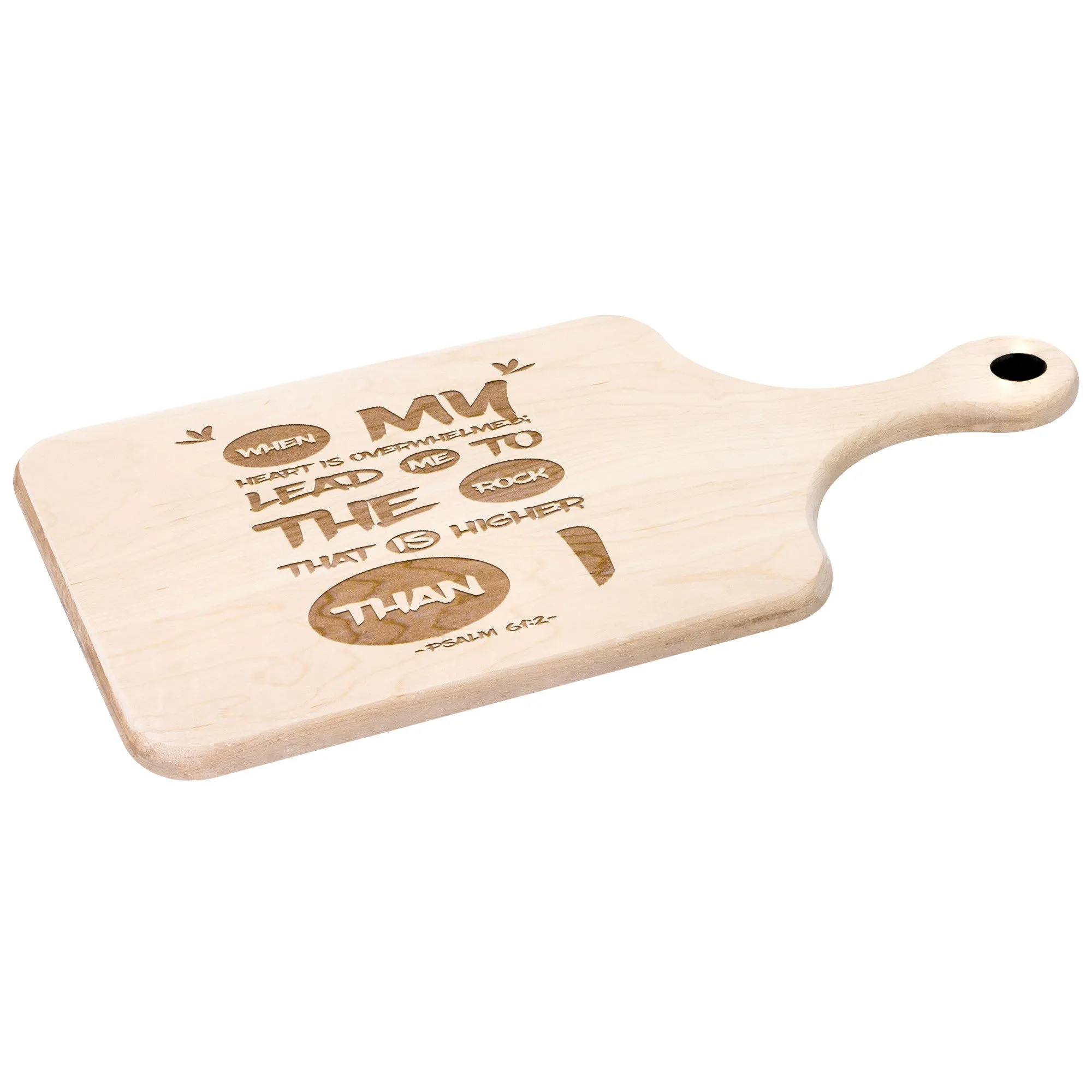 Products Bible Verse Hardwood Paddle Cutting Board - Lead Me To The Rock ~Psalm 61:2~ Design 9