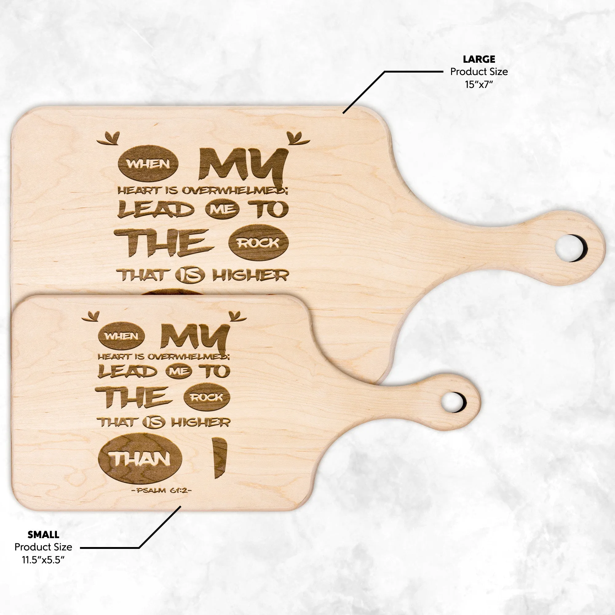 Products Bible Verse Hardwood Paddle Cutting Board - Lead Me To The Rock ~Psalm 61:2~ Design 9