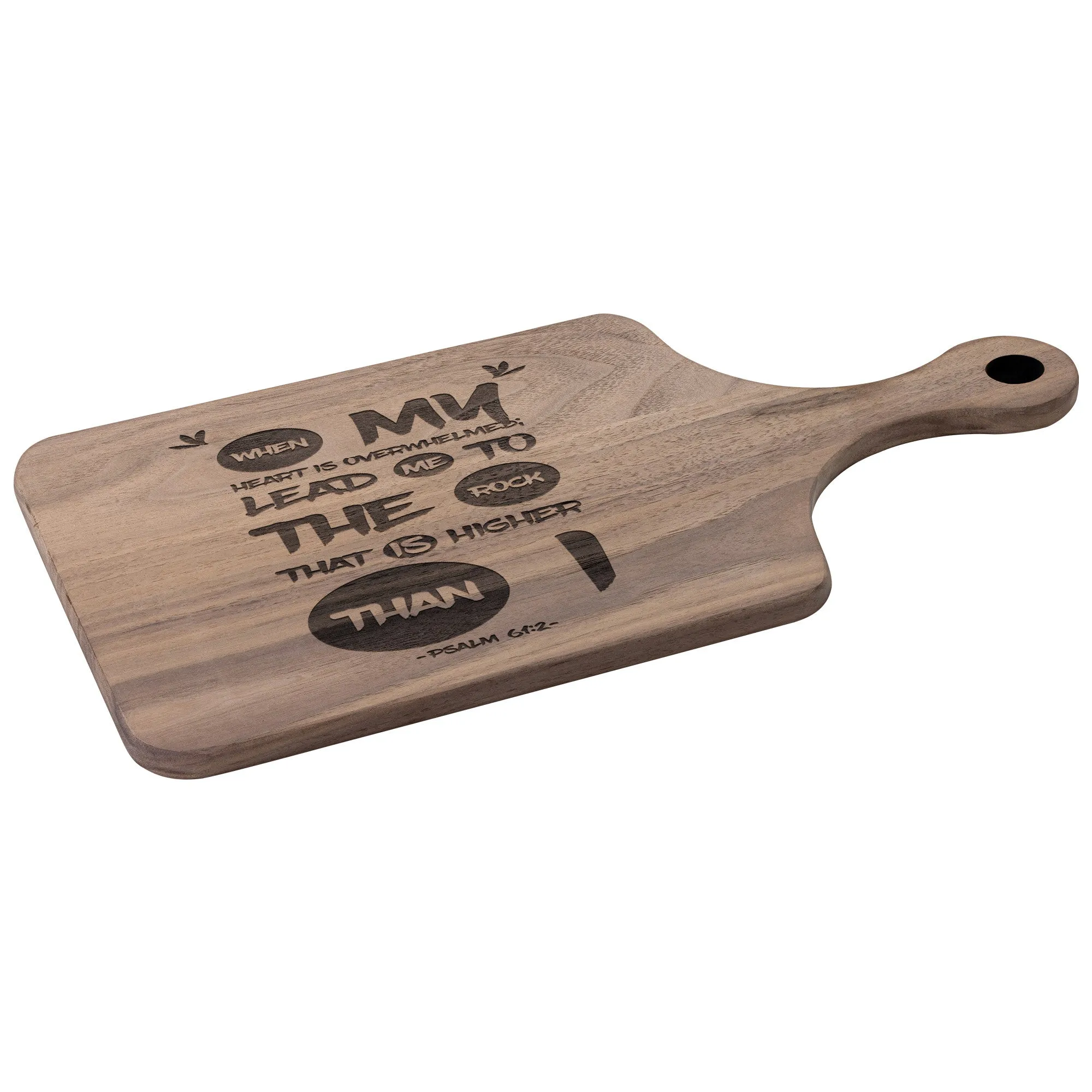 Products Bible Verse Hardwood Paddle Cutting Board - Lead Me To The Rock ~Psalm 61:2~ Design 9