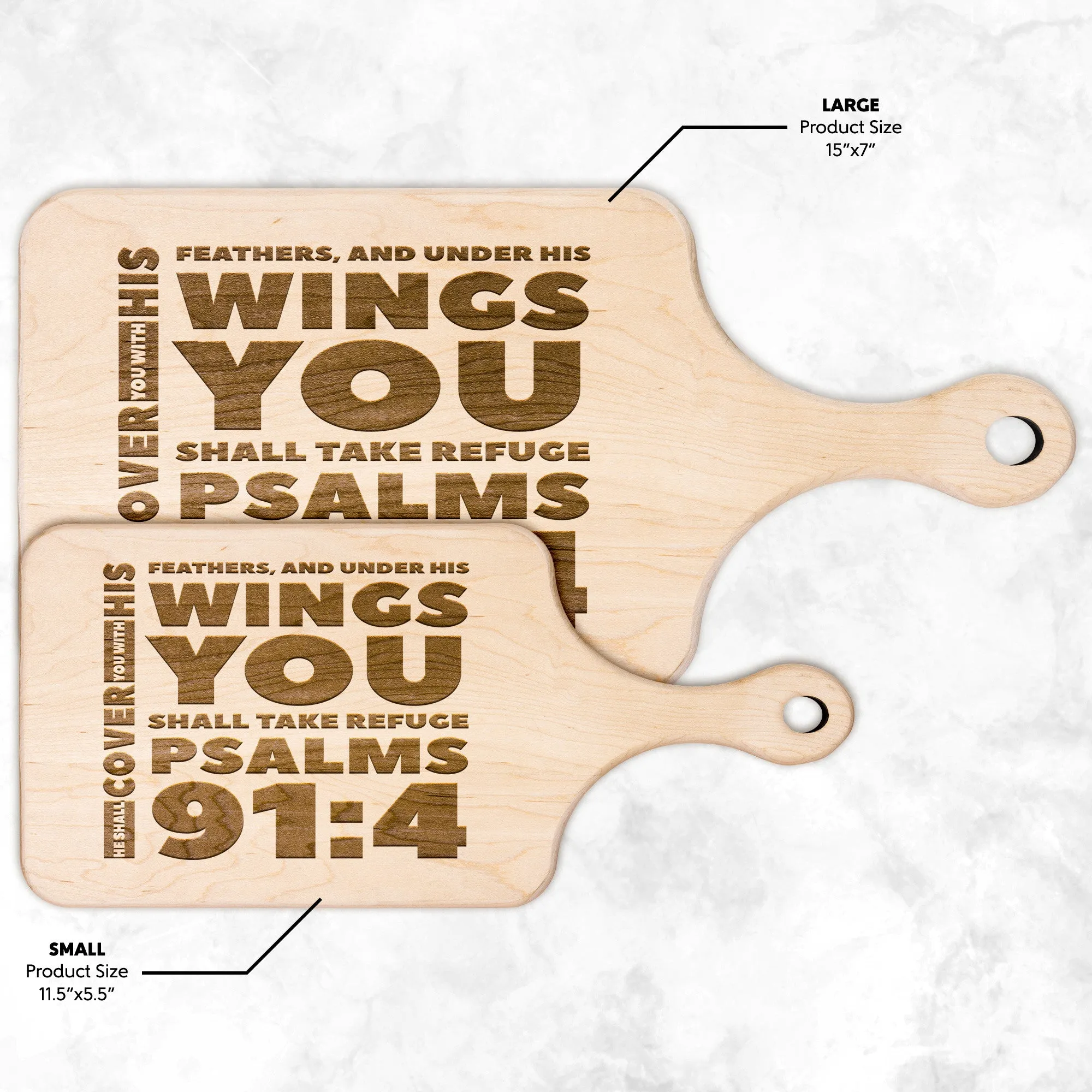 Products Bible Verse Hardwood Paddle Cutting Board - Under His Wings You Shall Take Refuge ~Psalm 91:4~ Design 1