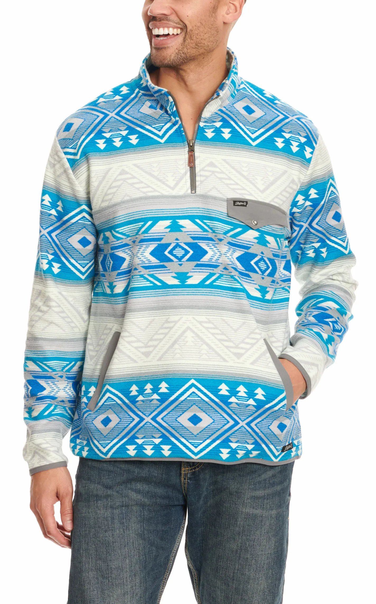 Rafter C Red Dirt Collection Men's White and Turquoise Aztec Print 1/4 Zip Pullover