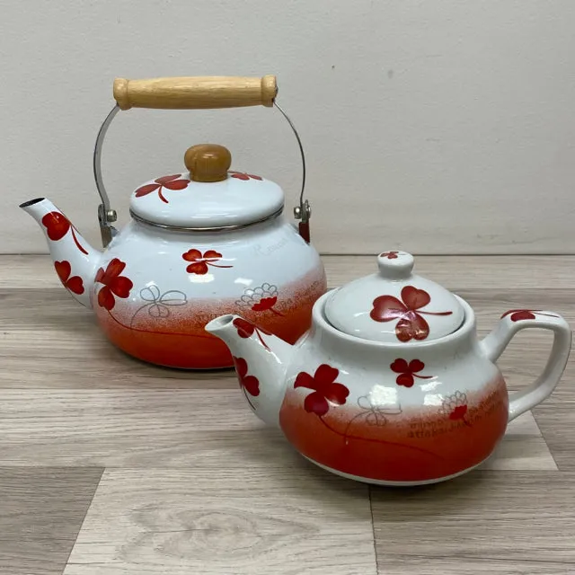 Red-White Enamel Kettle Keeps Ceramic Tea Pot Warm